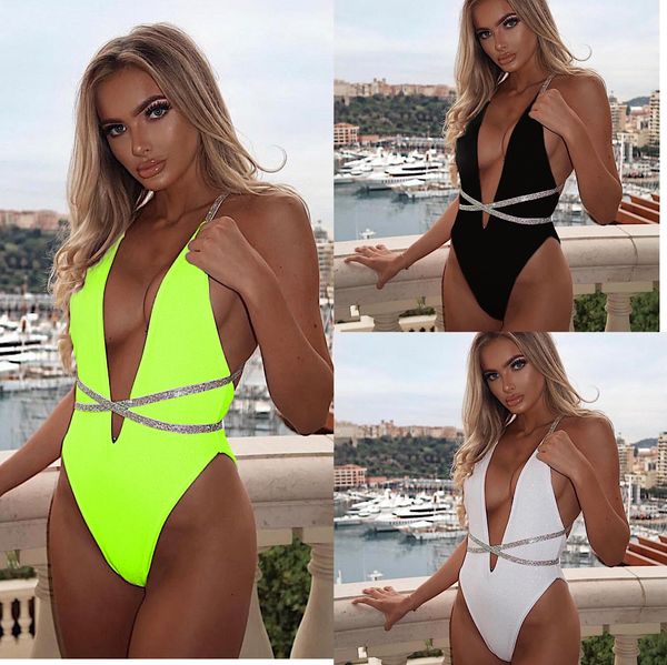 

2019 new swimwear deep v backless conjoined swimsuit sequins shoulder strap pure color bathing suit bikini