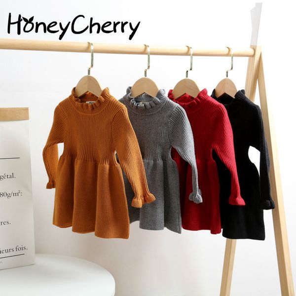 

2020 new girls dress ear-edged children's dress semi-high-collar and long-sleeved sweater dress baby girl clothes, Red;yellow