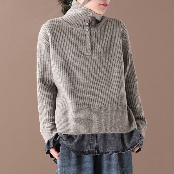 

ewq] 2020 spring autumn new pattern turtleneck collar long sleeve fake two piece patchwork knitting vintage sweater women ak368, White;black