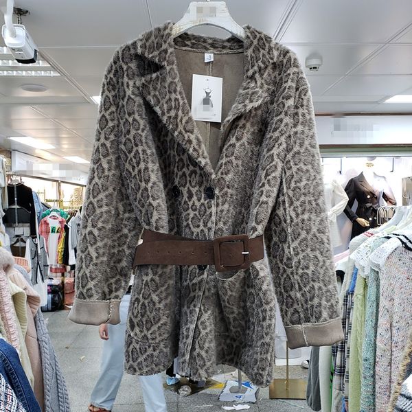 

2019 autumn winter warm jacket female new leopard striped mink velvet coat loose wool coats woman woolen blend jakcets womens, Black