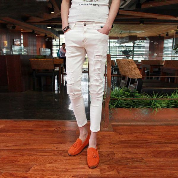 

оптовые 2020 обрезанные белый черный мужские брюки трек лето рваные отверстия мальчиков нищий штаны корейский тонкий подростков узкие джинсы, Blue