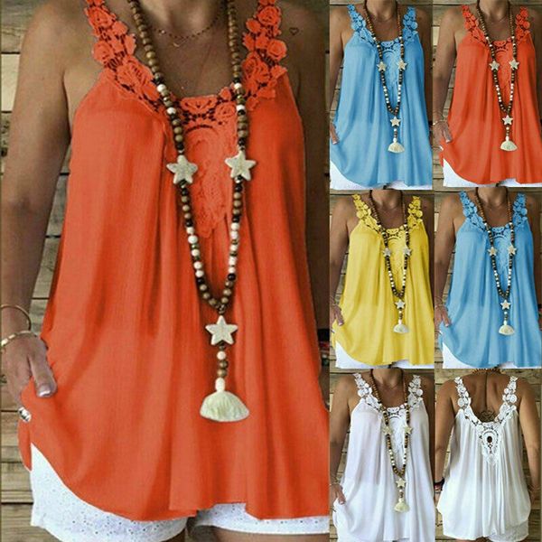 

2019 new style solid loose lace women summer solid color vest backless casual sleeveless tank top, White
