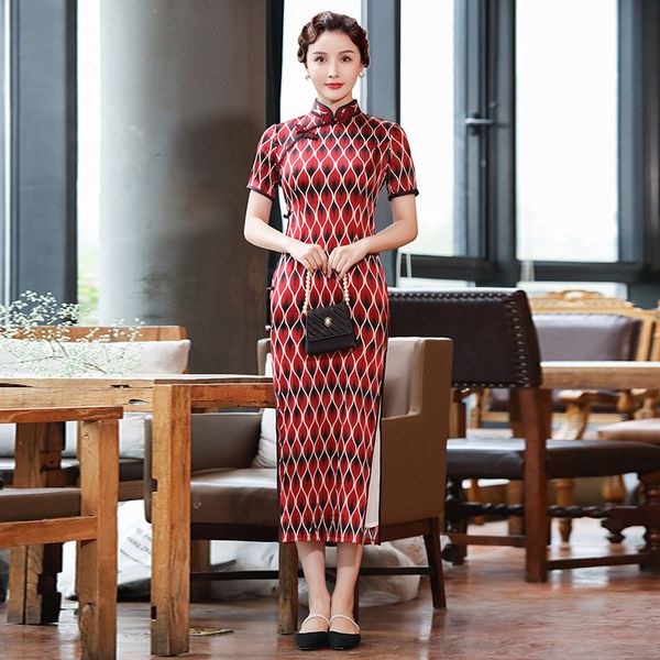

vintage silk wedding party gown elegant women mandarin collar long cheongsam vestidso high split print flower qipao, Red