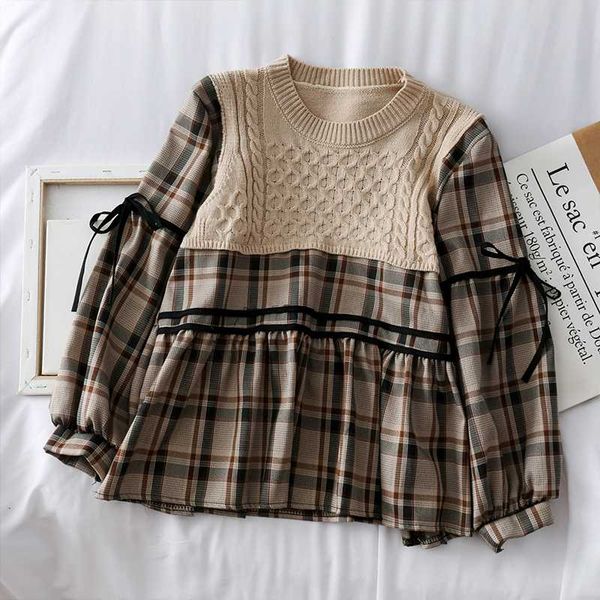 

ewq] 2020 spring autumn new full sleeve loose women's blouse plaid korea o-neck sweater stitching lace trendy shirt qz341, White