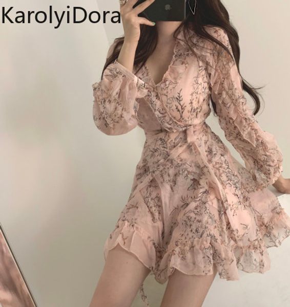 

women mini dress 2020 spring new v-neck floral chiffon dress high waist flare sleeve female, Black;gray