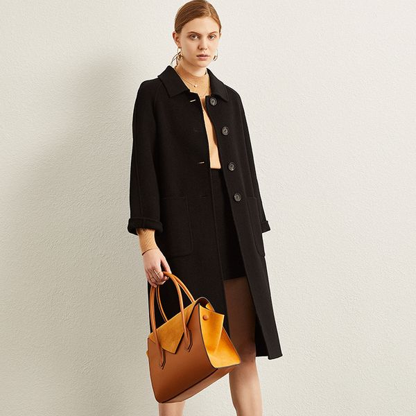 

2020 весна качества высокого элегантные женщины черное пальто без подкладки зимней женской среды шерстяного пальто длиной свободно 100% каше, Black