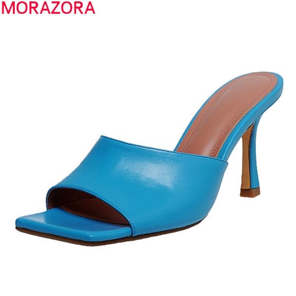 

morazora 2020 big size 33-41 fashion women mules shoes genuine leather summer ladies shoes solid color high heels slippers, Black