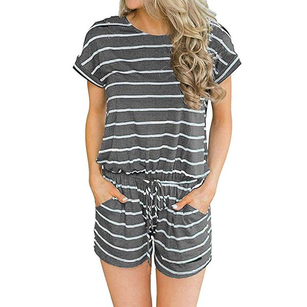 

women's summer striped jumpsuit shorts casual loose short sleeve o-neck playsuits female rompers pockets overalls plus size k005, Black;white