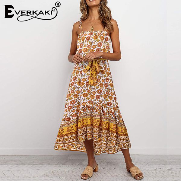 

everkaki vintage long dress women boho print sleeveless summer vestidos ladies slip maxi dresses female 2020 spring new fashion, Black;gray