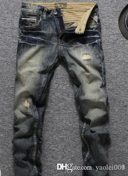 

new sell wholesale trend holes men's jeans retro old yellow slim straight jeans trousers retro dark, Blue