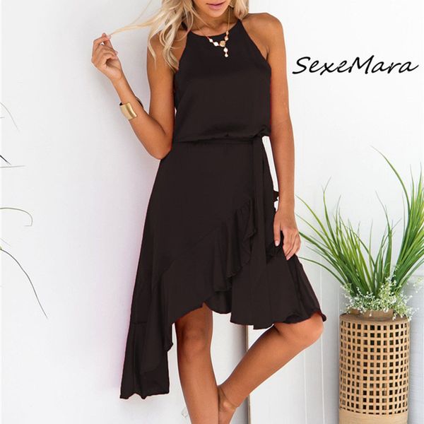 

2019 summer halter sleeveless women dress elegant off shoulder sashes ruffles midi dress, Black;gray