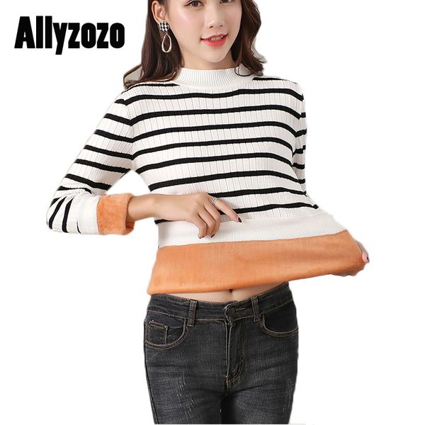 

women fashion warm winter striped pullovers sweater with velvet female crochet knit o neck sweaters size xl, White;black