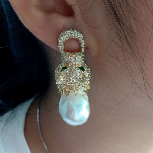 

white keshi pearl earrings yellow golden plated cz pave dragon earrings, Silver
