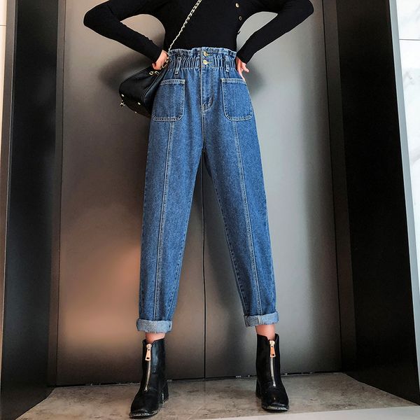 

hed plus size(s-5xl) women oversize denim harem pants fashion elastic waist loose cargo pants korea warm streetwear trousers, Blue