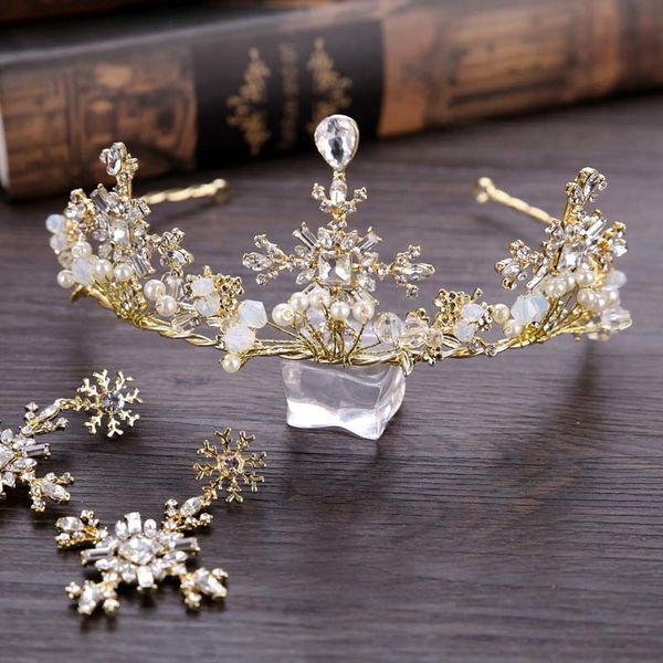 

baroque rhinestone crystal crown earrings pearl cross tiaras bridal ornaments princess bride wedding headdress hair ornaments bh, Golden;white