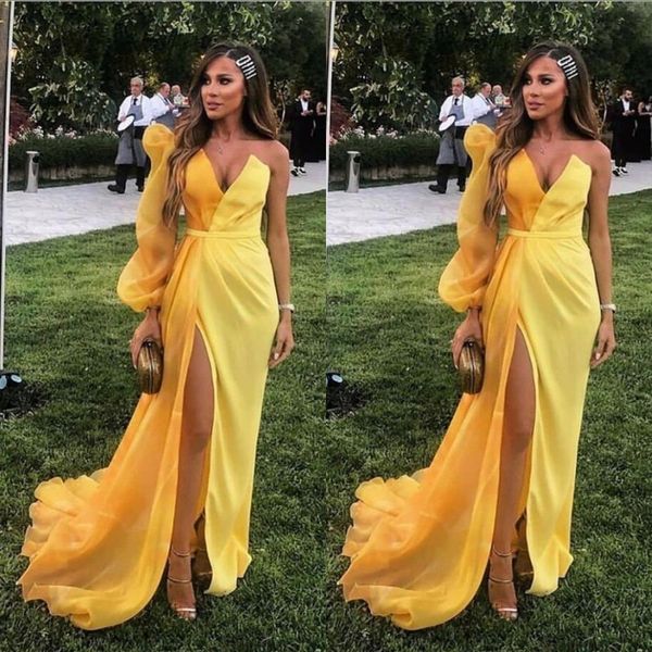 

yellow sweetheart neck side split evening formal gowns juliet long sleeve tulle special occasion dresses abendkleider, Black;red