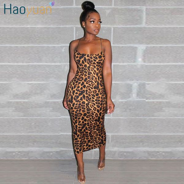 

haoyuan cheetah leopard print midi dress women clothes plus size vestido elegant spaghetti strap bodycon night club dresses, Black;gray