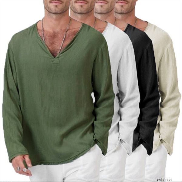 

mens designer t shirt flax ethnic group wind loose men v collar solid color long sleeve t shirt3irb, White;black