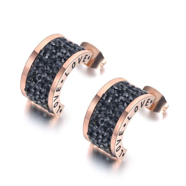 

stainless steel semicircle black rhinestone love wedding earrings for women rose gold engagement earrings je19047, Golden;silver