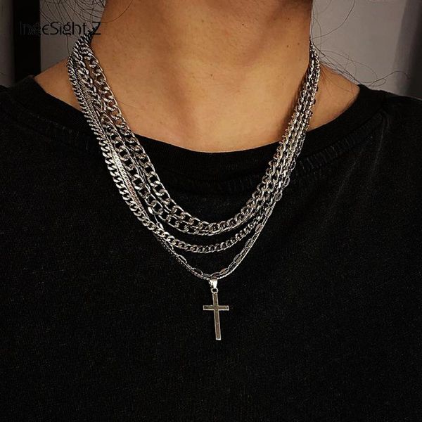 

ingesight.z multi layered gothic cross pendant necklace punk hip hop miami curb cuban choker necklace for women men jewelry gift, Silver