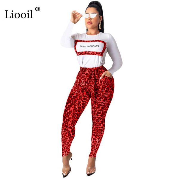 

liooil leopard letter print sporty two piece outfits set женский спортивный костюм осень 2019 полный рукав сексуальная футболка и длинные бр, White
