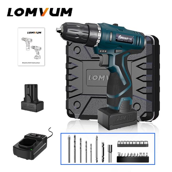 

lomvum 25v double speed cordless screwdriver 2 battery electric mini drill led light power indicator non-slip handle pc lz