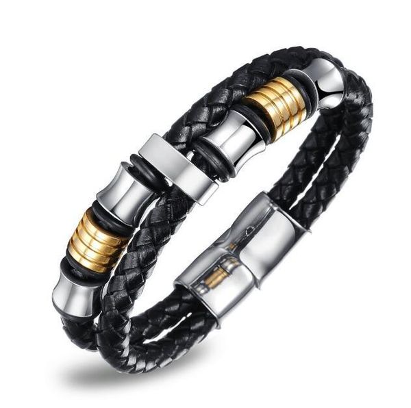 

classical double layer handmade leather weaved man bracelets fashion new magnet clasp good steel wristband, ph887, Black