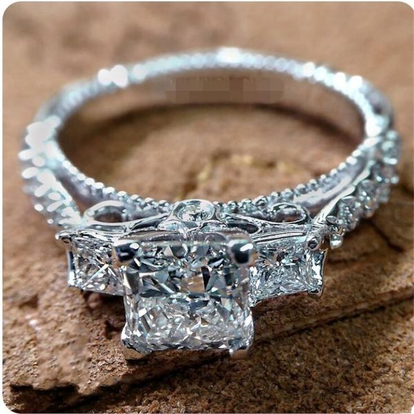 Jóias de luxo feitas à mão prata esterlina 925 real três pedras corte princesa branco topázio CZ diamante pedras preciosas eternidade mulheres aliança de casamento anel