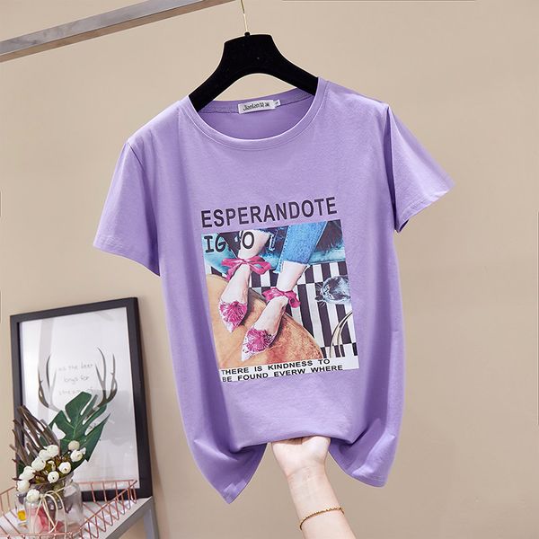 

t-shirt women's cotton short-sleeved loose summer 2020 new coat home service women were trendy red shoe print, Blue;gray