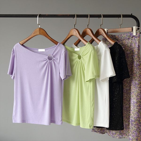 

omallay] women's side ring clavicle personalized solid color short-sleeved t-shirt 3887 [omallay] women's side ring clavicle pers, White