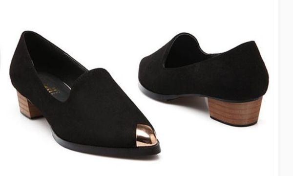 

2019 women's shoes in spring and autumn with new style middle heel coarse heel pointed end suede @2130, Black