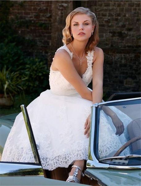 

vintage short tea length wedding dresses a-line v neck beaded lace country wedding dresses plus size wedding dresses dh5006, White