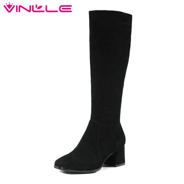 

vinlle 2019 women mid calf boots elegant platform square high heel winter shoes cow suede women motorcycle boots big size 34-39, Black