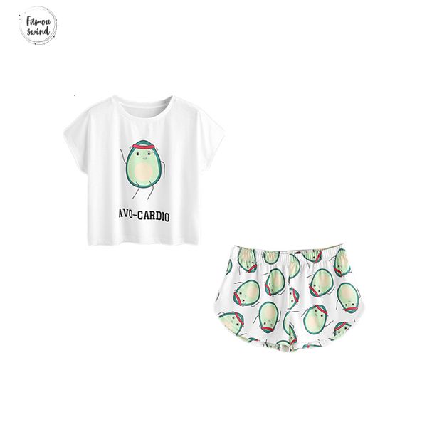 

casual womens two sets summer piece cartoon avocado print short sleeve tee and elastic waist shorts set, Gray