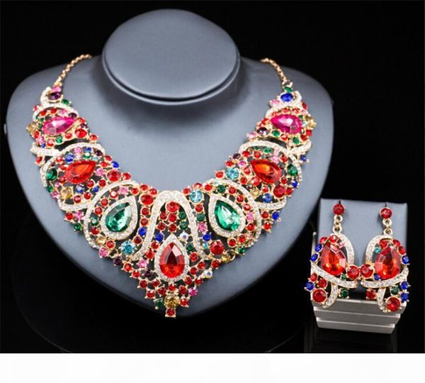 

wholesale artificial jewelry necklace earrings set wedding bridal crystal rhinestone pendant necklace blue green red party prom gold jewelry, Silver