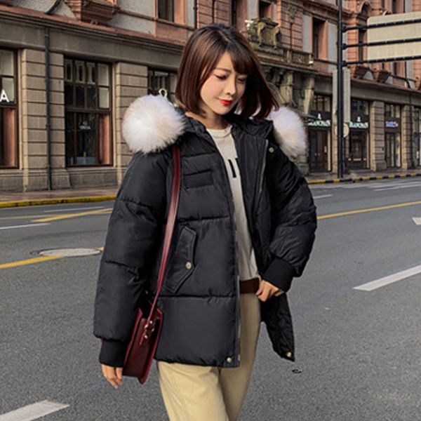 

women's down & parkas winter solid parka female cotton padded jacket oversized hooded fur collar korean style coat femme giubbotto donn, Black