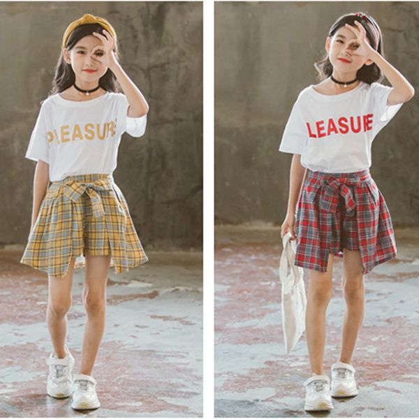 

girl designer clothing sets kids summer brand letter print t-shirts + plaid skirts two pieces girls luxury cute breathable clothing sets, White