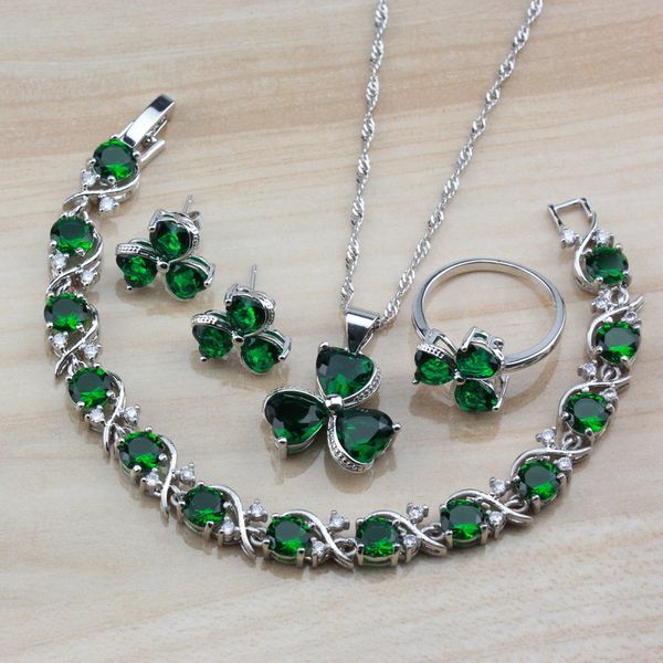 

noble green zircon flower jewelry sets 925 silver stud earrings/necklace/bracelet/ring for women trendy costume accessories, Slivery;golden
