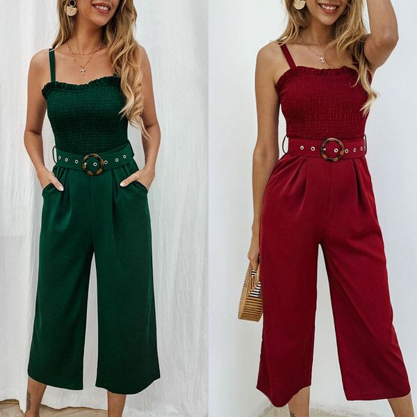 

women's jumpsuits & rompers summer straight romper 2021 strap backless lace-up pocket calf length pants red green black jumpsuit, Black;white