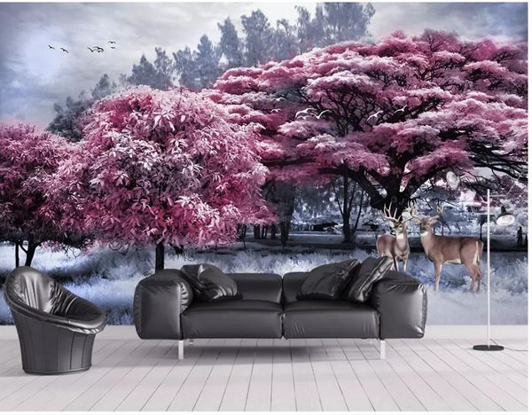 

beautiful pink forest big tree elk landscape background wall painting wall papers home decor designers
