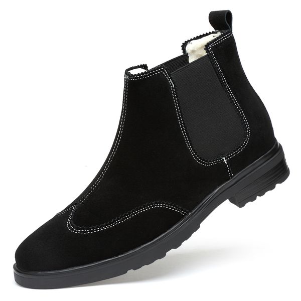 

mens fashion warm cotton boots cow suede leather winter shoes platform outdoors snow boot pointed toe ankle bota zapatos, Black