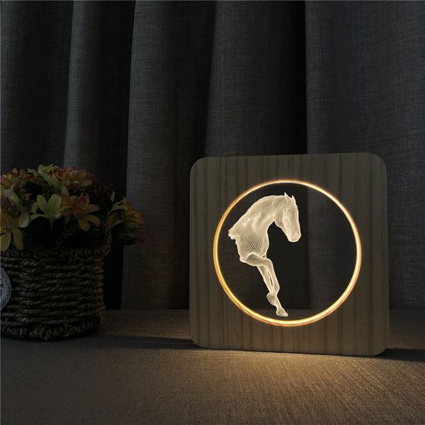 

art horse style 3d led arylic wooden night lamp table light switch control carving lamp for children's room decoration gift