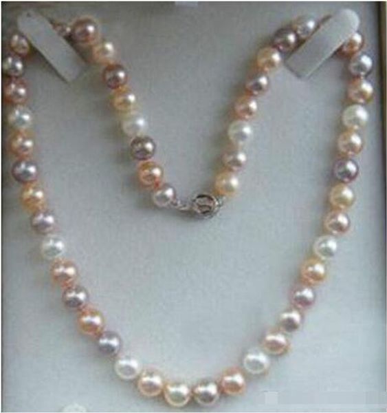 Belas Pearls Jóias Genuine Natural 7-8mm Branco Rosa Roxo Akoya pérolas cultivadas Necklace18 ''