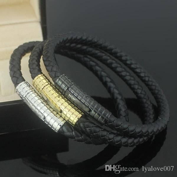 

new fashion genuine leather mont bracelet men buckle charm bracelets for women black with titanium steel lovers bangle male, Golden;silver