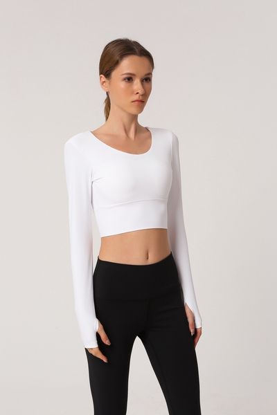 

новый продукт женщины назад ремешки gym yoga crop tops йог рубашка с длинным рукавом обучение top фитнес бег спортивных футболки красной бел, White;red