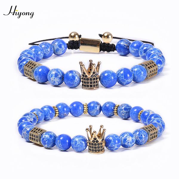 

hiyong 8mm blue emperor stone bracelet natural stone beads bracelets handnade cz crown bracelet couple jewelry gift, Black
