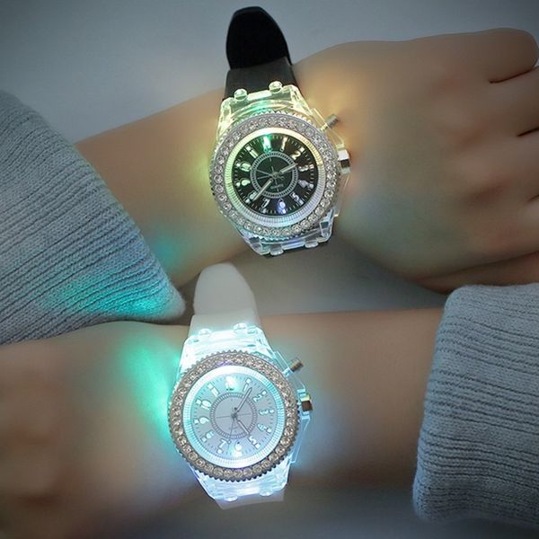 

led flash luminous watches personality trends students lovers jellies woman men's watches 7 colors light wrist watch 2019 hot, Slivery;brown