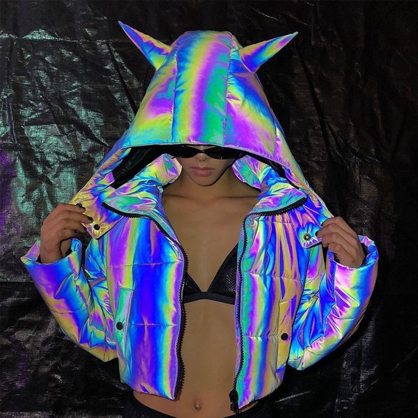 

cool reflective jackets winter cotton padded down jacket women coat warmness club streetwear outwear gothic girl parka clothes, Black