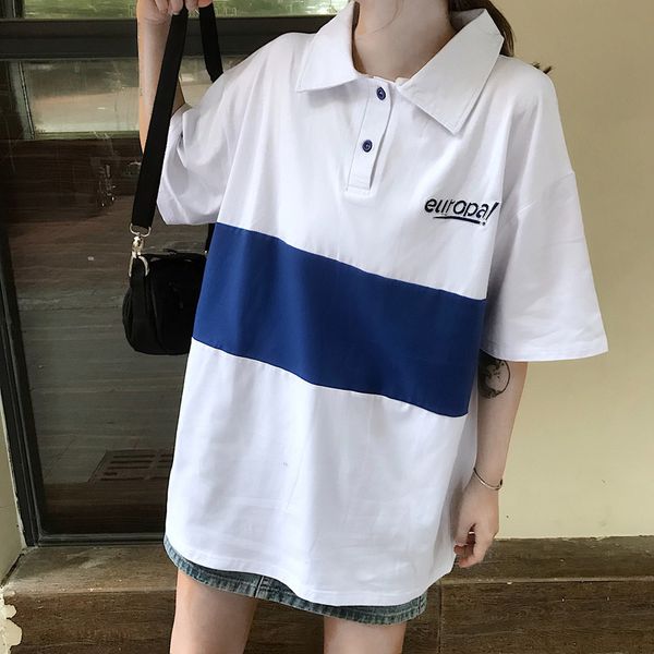 

blue harajuku shirt women cotton loose short sleeve red striped shirts girl 2020 summer fashion letter embroidery lady, White