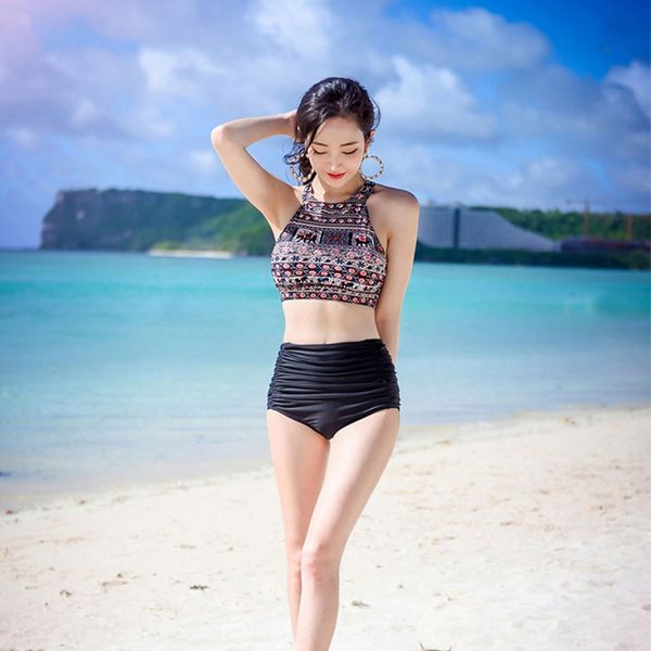 

2019 swimsuit hipster high-necked high-waisted conservative girl sports belly-covering thin flat-angle split spring swimsuit, White;black
